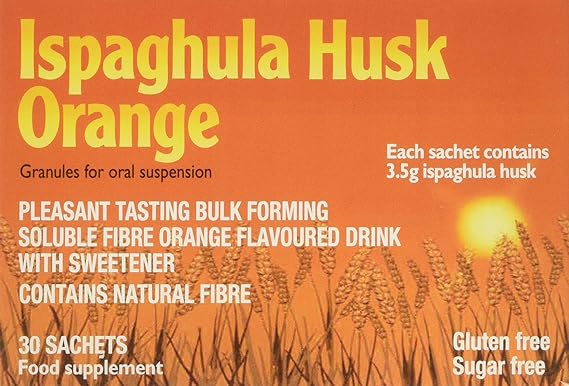 Ispaghulas Ispaghul Husk Orange is a natural laxative for constipation, with each sachet containing 3.5g ispaghula husk. The gluten-free, sugar-free granules create an orange-flavored, sweetened drink. Packaging includes 30 sachets per box.