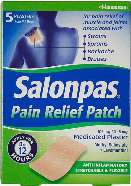 The image shows a Salonpas Pain Relief Patch box, featuring 5 plasters for effective muscle and joint pain relief from strains and sprains. It offers an 8 to 12-hour effect using methyl salicylate and levomenthol. The box is mainly blue and green.