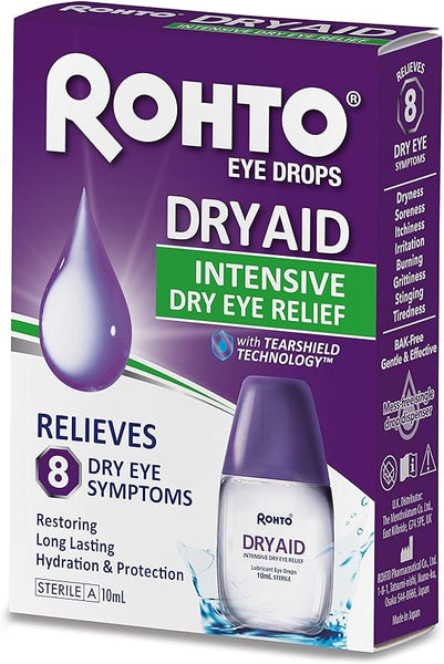 The Rohto Dry Aid Intensive 10ML Eye Drops packaging showcases a purple and green design, highlighting Relieves 8 Dry Eye Symptoms and Intensive Dry Eye Relief, along with an image of the product and Tearsheid Technology for long-lasting hydration.