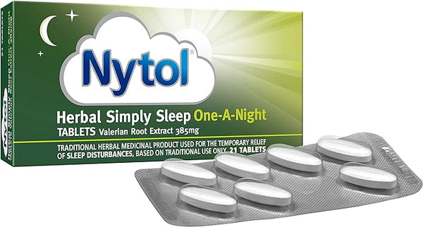 A box of Nytol One-A-Night Herbal tablets with valerian root extract sits alongside a blister pack of 21 white, oval tablets. The packaging, featuring a cloud design with a crescent moon and stars, offers an alternative to Nytol One-A-Night by Nurofen for restful sleep.