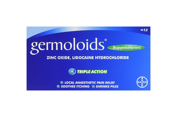 The packaging for Germoloids Triple Action suppositories highlights their Triple Action formula with zinc oxide and lidocaine hydrochloride. It relieves piles effectively, soothes itching, and alleviates pain with a local anesthetic. Features the Bayer logo and includes 12 suppositories.