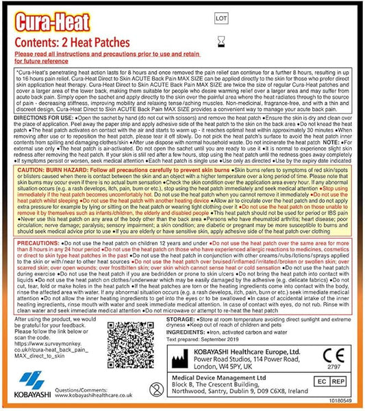 The Cura Heat Max Pain Relief Heat Patch packaging, in orange and white, highlights its muscle tension relief feature, includes detailed instructions, contents, precautions, a QR code, and comprehensive manufacturer information in English.