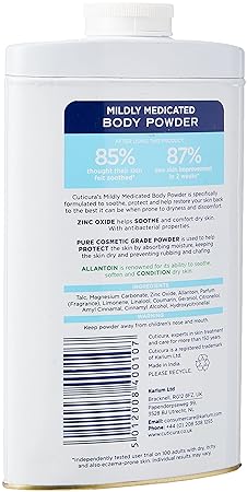 The image shows a container of Cuticura Talcum Powder 2 (250g), perfect for eczema-prone skin, in a white and blue design emphasizing its soothing and antibacterial benefits, with detailed text on percentages and skin healing ingredients.