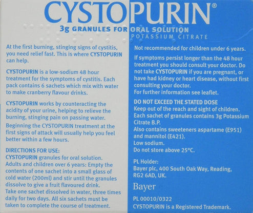 Cystopurin Cystitis Relief (6 Sachets) offers fast-acting cranberry-flavored relief for cystitis. It includes usage instructions, warns against exceeding doses, lists potassium citrate as an ingredient, and provides Bayer plc contact details.