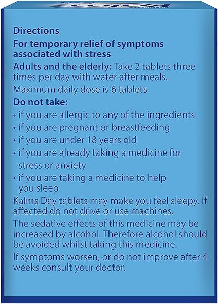 Kalms Day Valerian Root Extract (84 Tablets) by Kalms comes in blue packaging and provides directions for temporary stress relief. Adults are advised to take 2 tablets, up to 6 daily. Do not use if allergic, pregnant, under 18, or consuming alcohol/medication. Consult a doctor if theres no improvement.