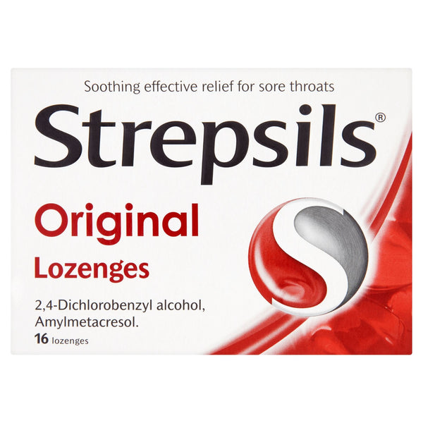 Image of Strepsils Original (16 Lozenges) box highlighting the brand. Soothing and effective relief for sore throats with 2,4-Dichlorobenzyl alcohol, Amylmetacresol. Red and white packaging emphasizes its trusted efficacy against throat infections.