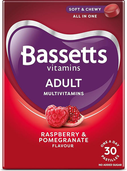 Bassetts Multi-vitamins for Adults offers a raspberry and pomegranate flavor in red packaging featuring fruit images. It highlights Soft & Chewy, All in One, and includes 30 pastilles with no added sugar to support wellbeing.