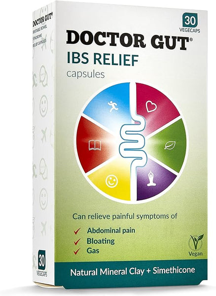 The Doctor Gut IBS Relief Capsules (30 count) box features a circular diagram with digestion relief icons, highlighting its role in soothing abdominal pain, bloating, and gas. Its vegan-friendly and supports digestive health.