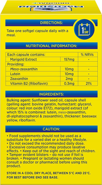 The image shows the back of a yellow MacuShield Original (90 Tablets) box with blue text. It includes directions for use, nutritional details, ingredients, caution advice, and storage instructions. The product contains macular pigment essentials such as marigold extract and lutein.