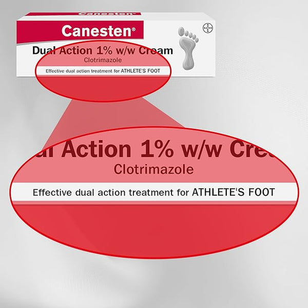 An image of the Canesten Dual Action Cream (30g) box shows 1% w/w Antifungal Cream Clotrimazole for effective athletes foot treatment, with a foot icon highlighting its purpose.