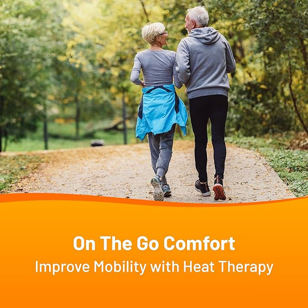 An elderly couple in casual sportswear strolls along a tree-lined path. The text below reads, On The Go Comfort: Enhance Mobility with Cura Heats Arthritis/Knee Pain Heat Packs—self-heating relief for effective knee pain management.