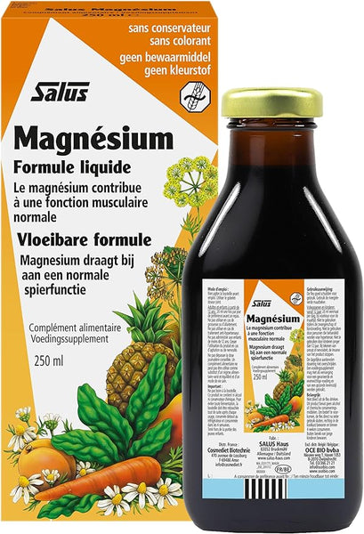 Image of Salus Floradix Magnesium Liquid Formula (250ml). The package is adorned with herbal extracts and displays text in French and Dutch highlighting muscle function benefits. The dark bottle with a screw cap features illustrations of plants and fruits like pineapples and oranges.