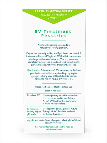 An informational leaflet for Balance Activ BV Treatment Pessaries (7 Pack) by 121 Pharmacy, offering directions, ingredients, and website details. Features a green and white design with clear text headings for feminine health guidance.