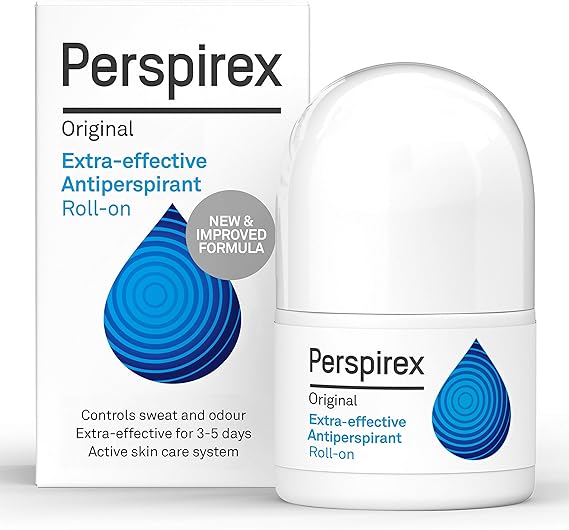 The image shows a Perspirex Blue Original (20ml) roll-on antiperspirant in front of its box, highlighting Extra-effective Antiperspirant and a New & Improved Formula for outstanding sweat protection and odor control, keeping you fresh for 3-5 days.