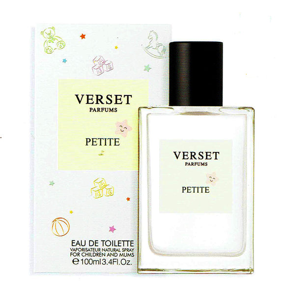 The Verset Petit Eau de Toilette (100 ml) by Verset offers a fresh floral and sweet fragrance. The pastel box, featuring toy designs like a teddy bear, rocking horse, and blocks, complements the clear bottle with its white label and black cap.