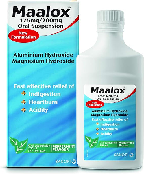 Maalox Plus Antacid Suspension - Peppermint (250ml), by Maalox, offers effective heartburn relief and indigestion treatment with its peppermint flavor, featuring 175mg/200mg dosage for acidity control.