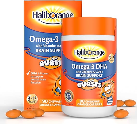 The packaging of Seven Seas Haliborange Kids Omega 3 Chewable Capsules (90) features an orange and white design. Labels highlight vitamins A, C, D, E for brain support with Omega-3 benefits. Ideal for ages 3-12, the chewy orange capsules provide engaging nutrition.