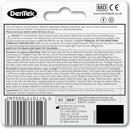 Back of the DenTek Temporary Filling Material (2.64g) package features instructions for temporary treatment of tooth fillings and crowns, detailed usage directions, ingredient list, manufacturer info, and a barcode. Text is in English.