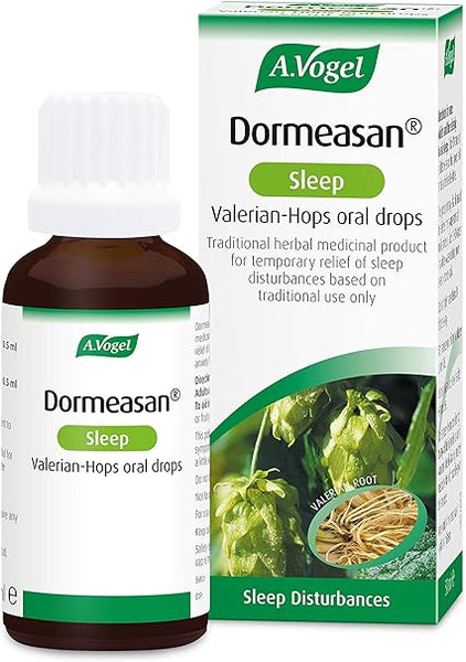 The bottle and box of A.Vogel Dormeasan Sleep Oral Drops (50ml) feature green and white packaging with valerian root images, celebrated for sleep aid properties. This natural remedy offers temporary relief from sleep disturbances.