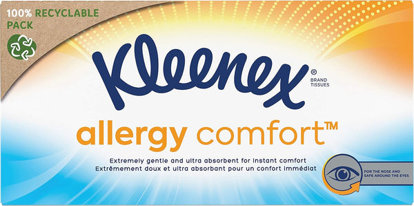 Kleenex Allergy Comfort Tissues (56 count) features packaging with a sunburst design and the Kleenex logo. These tissues are gentle on skin, ultra-absorbent, and safe for use around the eyes, providing essential allergy relief when you need it most.