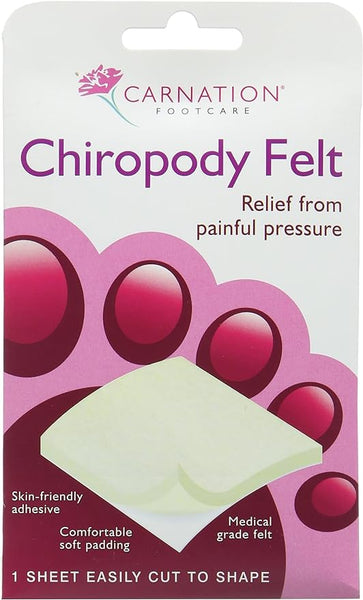 The Carnation Chiropody Felt Adhesive (5mm) packaging showcases the Carnation logo and emphasizes foot pressure relief with a skin-friendly adhesive. The medical-grade felt provides soothing comfort, and the package includes one easily cut-to-shape sheet.