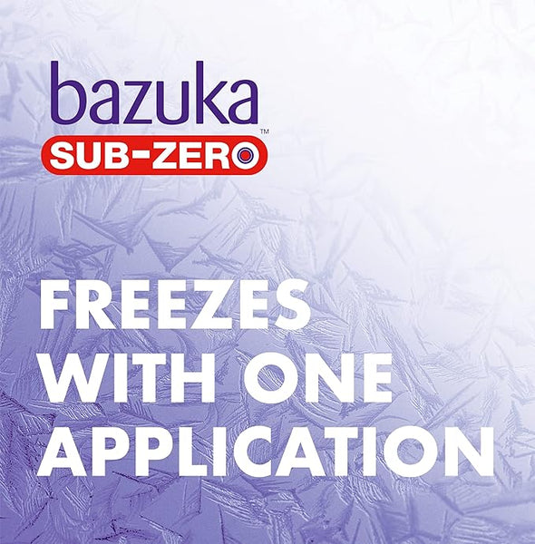 The frosty background features bold white text: Bazuka Sub Zero Warts & Verruca - 12 Applications (50ml). The brand name, Bazuka, is highlighted in a red rectangle. Icy patterns symbolize the products effective cryotherapy treatment for verrucas and warts with just one application.