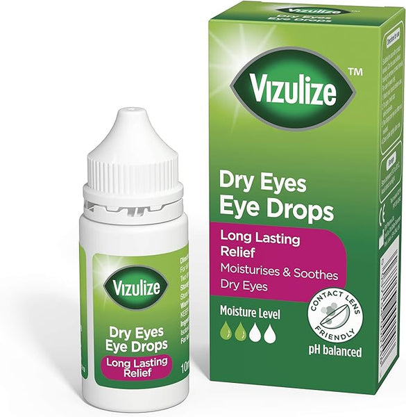 Image of Vizulize Dry Eyes Eye Drops (10ml) packaging: a white bottle sits next to its green box labeled Long Lasting Relief and Moisturises & Soothes Dry Eyes, emphasizing that its safe for contact lenses and pH balanced for ultimate relief.