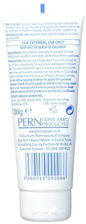 The image shows the back of a Dermacool Menthol Aqueous Cream 1% (100g) tube. It lists ingredients, skin irritation relief instructions, Pern Consumer Products contact info, and features a barcode at the bottom.