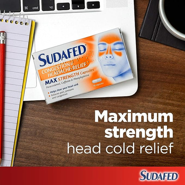 A box of Sudafed Max Strength Congestion & Headache Relief (16 Capsules) sits next to a notebook and pen, showcasing its fast-acting formula. The text reads: Maximum strength head cold relief, with the Sudafed logo clearly visible.