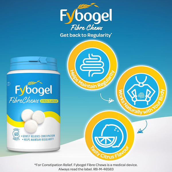 Image of Fybogel Chews 60s Citrus packaging shows its citrus flavor and benefits: Helps Maintain Regularity and Works Naturally with Your Body. Ideal for digestive health, it provides dietary fiber in a tasty form. The background is blue with stylized icons and text.