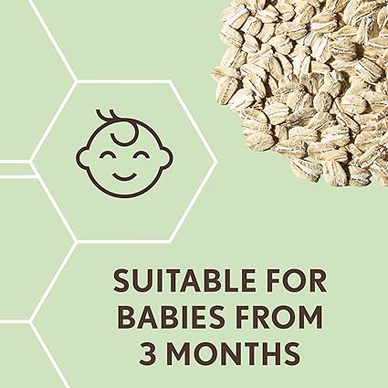 A smiling babys face is illustrated next to natural colloidal oatmeal on a light green background with hexagon patterns. Text reads, Suitable for babies from 3 months, highlighting the nourishing benefits of products like Aveeno Cream (500ml) by Aveeno.