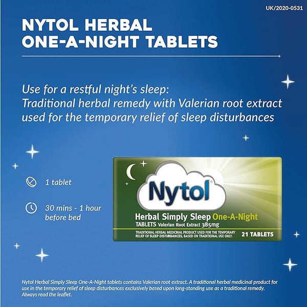 The image displays Nytol One-A-Night Herbal (21 Tablets) packaging with a green box featuring Nytol, a moon, and stars graphic. It emphasizes valerian root extract for temporary sleep disturbance relief, provided by the brand Nurofen, offering 21 tablets for restful sleep.