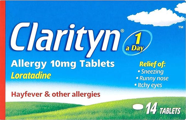 Clarityn (14 Tablets) features a sky and grass design with 1 a Day for non-drowsy allergy relief. It alleviates sneezing, runny nose, and itchy eyes due to hayfever with active ingredient Loratadine.