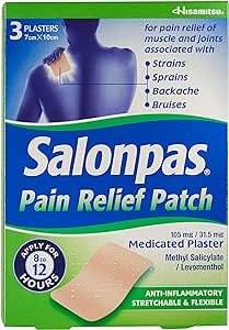 The image features the Salonpas Pain Relief Patch - Medicated Plaster (3 Pack), with 7cm x 10cm patches providing 8-12 hours of soothing comfort for strains, sprains, backache, and bruises through anti-inflammatory benefits.