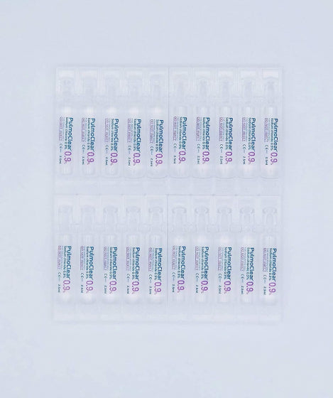 A grid of transparent plastic ampoules labeled TriOn Pharma Pulmoclear Sterile Isotonic 0.9% Sodium Chloride (20 x 2.5ml) for inhalation therapy is arranged in four rows and four columns against a white background.