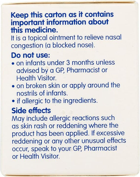 Snufflebabes Snuffle Babe Vapour Rub (24g) is a topical ointment with natural essential oils for nasal congestion relief. Avoid use on infants under 3 months and on broken skin. Watch for allergic reactions.