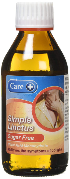 The Care Sugar Free Simple Linctus (200 ml) by CARE is an oral solution featuring a person holding their throat for cough relief. The amber bottle with a white cap prominently lists Citric Acid Monohydrate on its label.