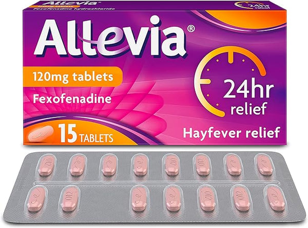 Allevia Tablets (15 Tabs) deliver 24-hour hayfever relief with Fexofenadine 120mg. The package includes a purple and orange box and a blister pack containing oval pink tablets for daily symptom relief.