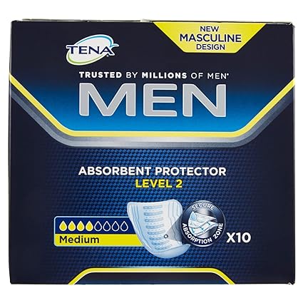 The Tena Men Absorbent Level 2 Protector comes in dark blue packaging with a masculine design, offering discreet protection in a Medium size. The box contains 10 units, ideal for light bladder weakness and highlights a Secure Absorption Zone for optimal protection.