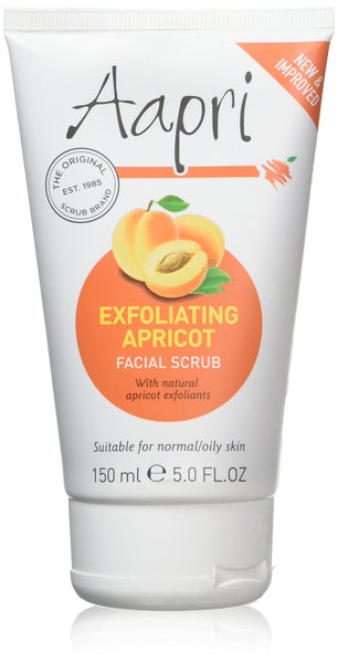 The Aapri Exfoliating Apricot Face Scrub Cream (150ml) is displayed with vibrant apricot imagery, New & Improved in the corner, and features natural apricot exfoliants. Its paraben-free, suitable for normal/oily skin.