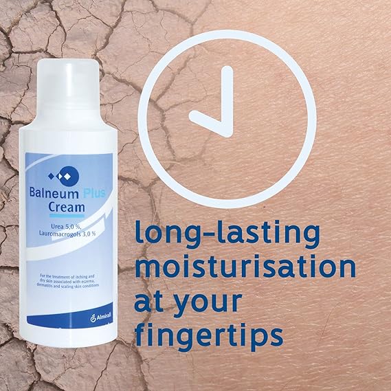 A 500g bottle of Balneum Plus Cream by Almirall, featuring a clock icon and long-lasting moisturisation at your fingertips. Designed for eczema relief, the background highlights a close-up of dry, itchy skin texture.