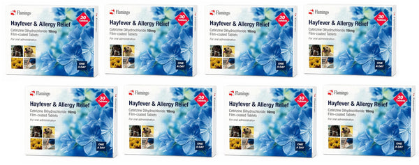 Eight boxes (Brand May Vary) of Cetirizine Dihydrochloride 10mg, each with 30 non-drowsy tablets for fast-acting allergy relief, are arranged in two rows. Total: 240 hayfever tablets—8 months’ supply. Packaging features blue flowers.