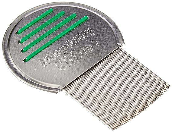 The Nitty Gritty Nit-Free Comb for Head Lice Treatment features closely spaced, fine metal teeth and a pesticide-free design. Its handle has three green stripes and Nitty Gritty NitFree engraved, making it an ideal solution for tackling head lice effectively.