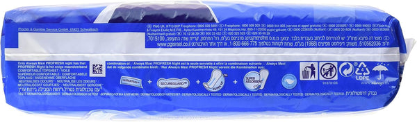 Blue package of Always Maxi Night Sanitary Towels (9 pack) by Always, featuring product details, usage instructions, and icons for comfort, absorbency, secure fit, and disposal. The packaging emphasizes odour-neutralising sanitary towels with Secure Guard technology. Information is presented in multiple languages including English and Hebrew.