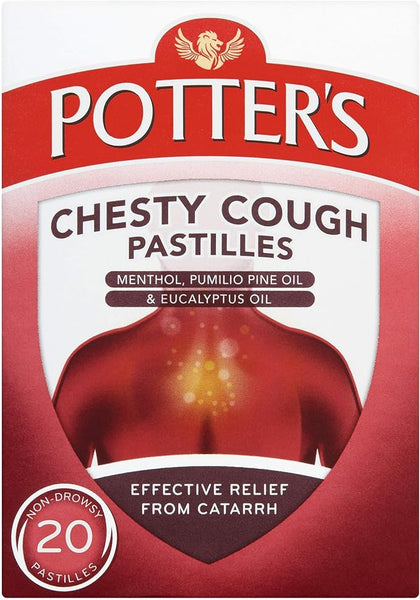 The Red Potters Chesty Cough 20 Pastilles contain menthol, pumilio pine oil, and eucalyptus oil, offering non-drowsy catarrh relief with expectorant properties.