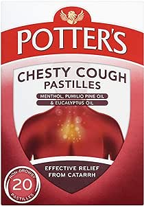 The packaging of Green Potters Mucus Cough Pastilles (20) by Potters features a torso illustration with a highlighted chest, indicating relief for mucus cough. Ingredients like menthol, pumilio pine oil, and eucalyptus oil are noted. The product includes 20 non-drowsy pastilles for effective care.