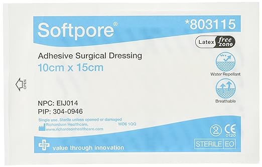 The Softpore 15X10 cm Dressing (50 pcs) offers water-repellent and breathable packaging with an absorbent pad for wound healing. It includes product codes, a QR code, and healthcare certification logos.