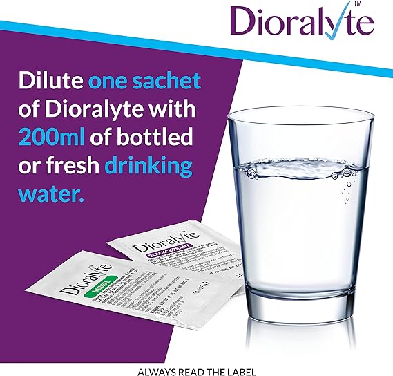 An advertisement for Dioralyte Blackcurrant (6 Sachets) highlights its effectiveness for acute diarrhea. It features a glass of water alongside two sachets, with the text: Dilute one sachet of Dioralyte with 200ml of bottled or fresh drinking water.