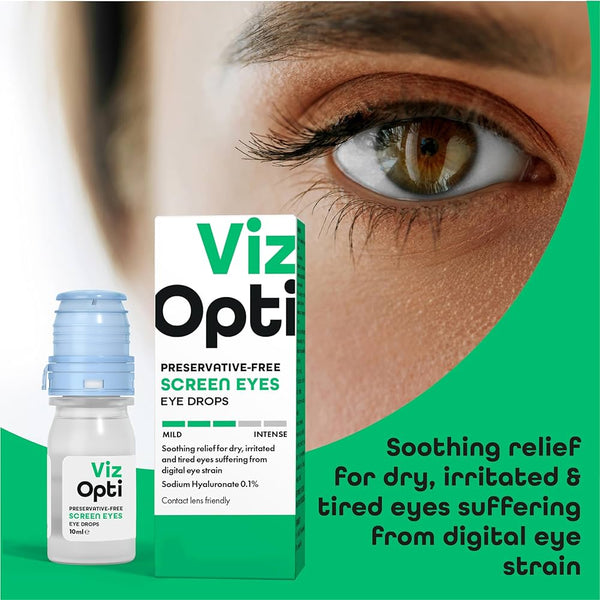 A bottle and box of VizOpti Preservative-Free Screen Eyes Eye Drops (10ml) are displayed against a green background, highlighting soothing relief and deep hydration for dry, irritated eyes from digital strain.