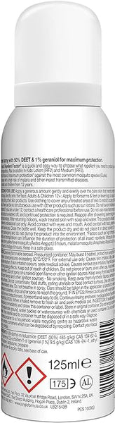 The Jungle Formula Maximum Insect Repellent comes in a white 125ml aerosol can with detailed text on the back including ingredients, usage instructions, and DEET content for maximum protection. It is labeled with hazard symbols for flammability and other warnings.